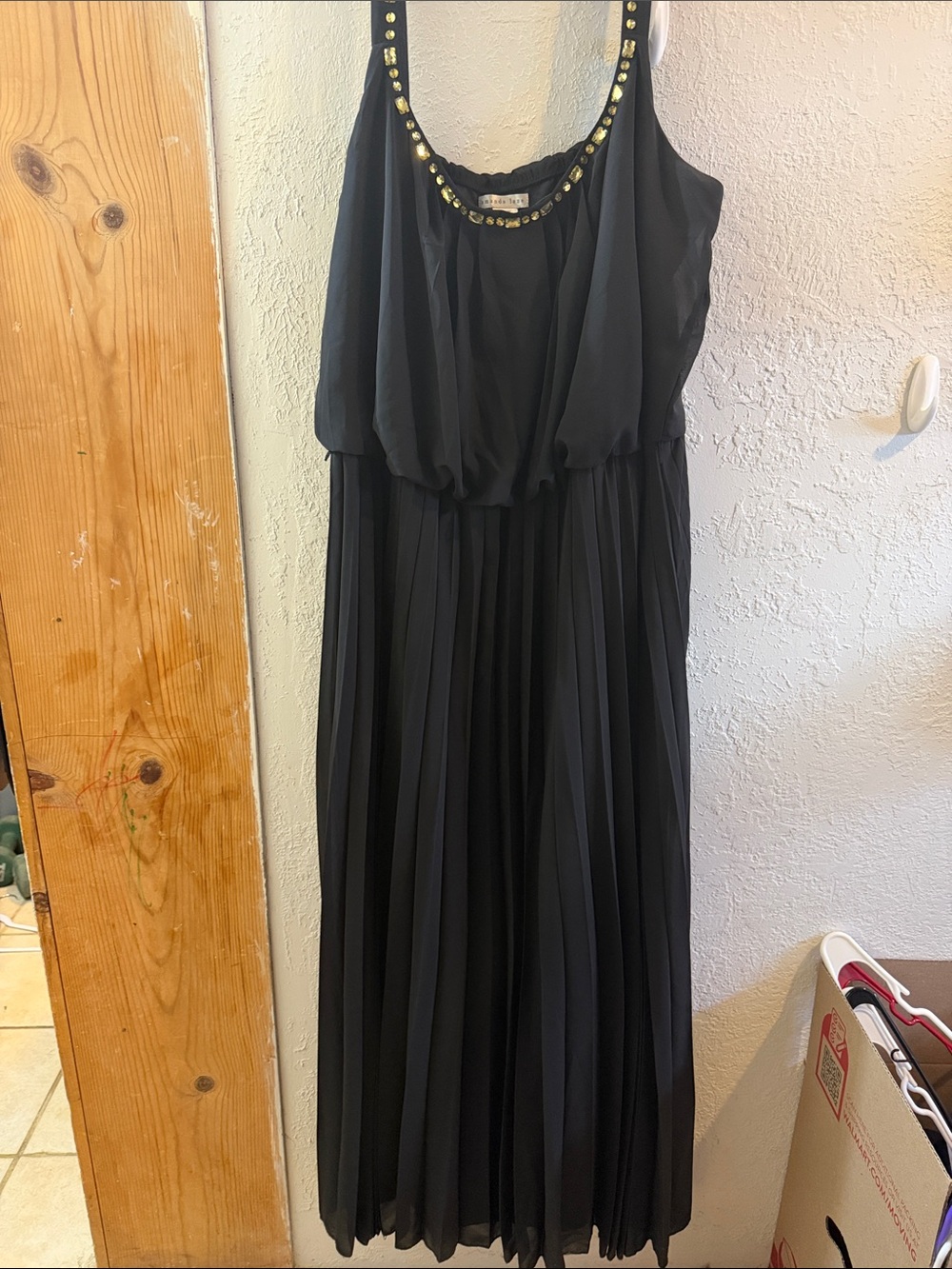 Amanda Lane Black Pleated Maxi Dress with Gold Beaded Scoop